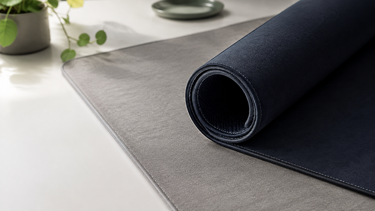 Close-up of HUEY PRINTWORKS desk mat fabric texture and stitched edge