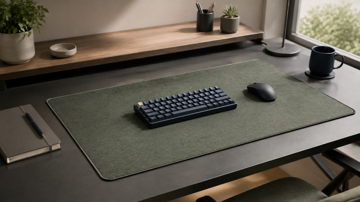 HUEY PRINTWORKS premium green desk mat on a modern workspace